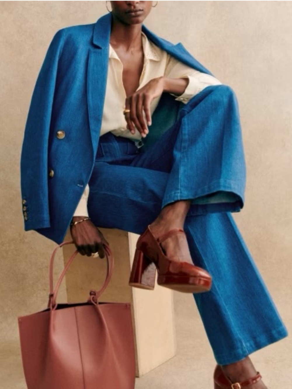 SEZANE NWT Blue Denim Cotton Double Breasted Lapels Blazer Christie Suit Jacket - Picture 12 of 17